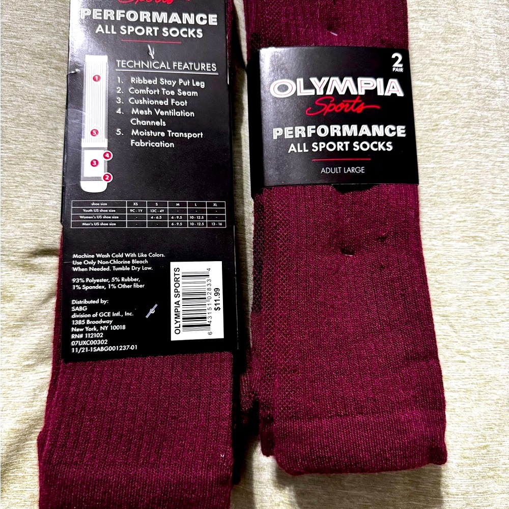Men's Burgundy Athletic All Sports Performance Socks L (2-Pack Lot-Total 4 Pr) — image 8 of 8